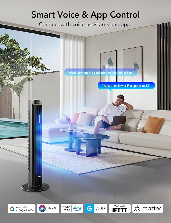 GoveeLife 42'' Tower Fan for Bedroom, Smart Floor Fans with 150° Adjustable Oscillating, APP & Voice Control, 5 Modes 12 Speeds up to 26ft/s, 24H Timer, 27dB Quiet Fan for Cooling Home Office Silver | Smart Floor Fans for Bedroom, up to 26ft/s, APP & V...