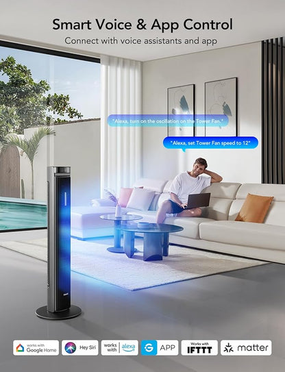 GoveeLife 42'' Tower Fan for Bedroom, Smart Floor Fans with 150° Adjustable Oscillating, APP & Voice Control, 5 Modes 12 Speeds up to 26ft/s, 24H Timer, 27dB Quiet Fan for Cooling Home Office Silver | Smart Floor Fans for Bedroom, up to 26ft/s, APP & V...