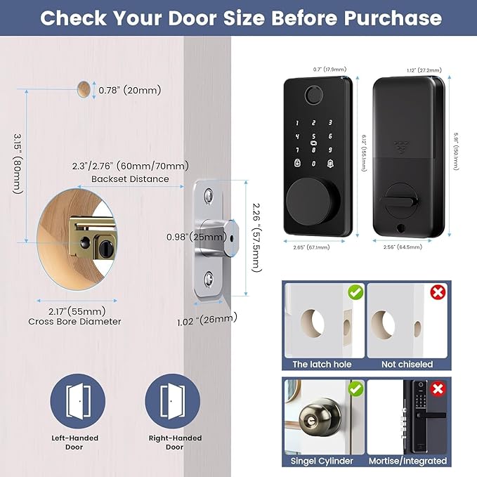 Keyless Entry Door Lock, Biquole Smart Lock with App Control, Fingerprint Door Lock, Electronic Keypad Deadbolt, Auto & One Touch Lock | Digital Smart Door Locks | Easy Installation | IP54 Waterproof