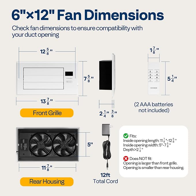 VIVOHOME Register Booster Fan - 6'' x 12'' Opening with Adjustable Louver | Smart Thermostat & 10-Speed WIFI App Control - AC Vent Fan for Floor, Ceiling, Wall - Quiet Operation (White)