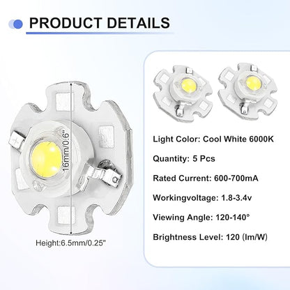 High Power LED Chip Bulb 5 Pcs- Cool White 6000K 600-700mA LED Light with Heatsink Aluminum Base Bulb Lamp Super Bright Intensity COB Light for Home Studio Show DIY Project