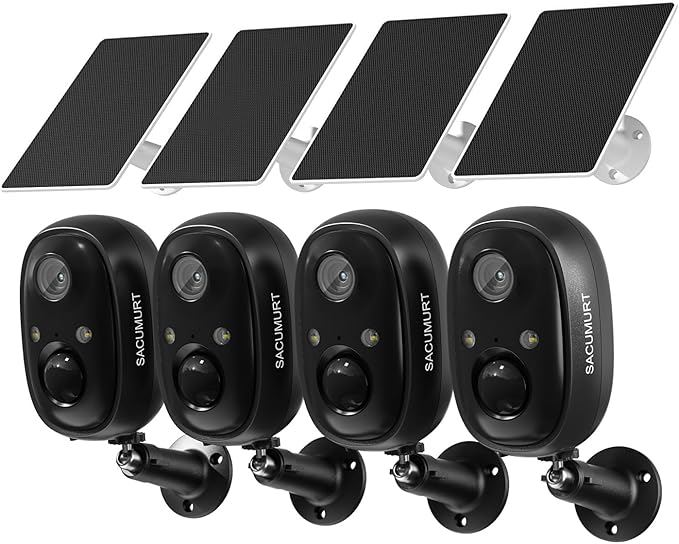 WiFi Cameras for Home Security, Solar Powered Security Cameras Wireless Outdoor, Outdoor Camera Wireless,Works with Alexa & Google Home, Free Cloud Storage(Need Apply) 4-Pack