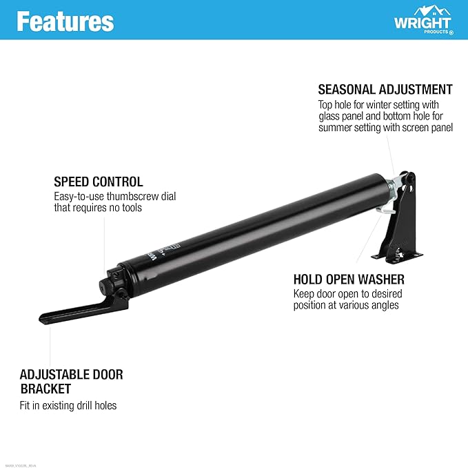 Wright Products Standard Duty Pneumatic Screen & Storm Door Closer – Adjustable Closing Speed, Quiet Operation, Easy Installation (Modern, Black)