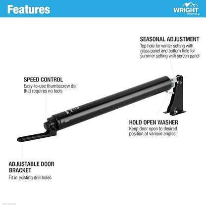 Wright Products Standard Duty Pneumatic Screen & Storm Door Closer – Adjustable Closing Speed, Quiet Operation, Easy Installation (Modern, Black)