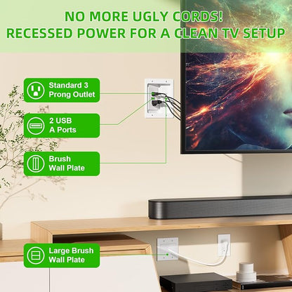 in Wall Cable Management Kit with Brush Wall Plate,AC Outlets & USB-a Ports,9ft Cord,Hide Cords Recessed Wall Outlet for TV Cable Management,HDMI Cables and Home Theater Systems