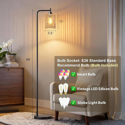 Oneach 66" Black Floor Lamp for Living Room, Boho Floor Lamp with LED Bulb, Rattan Shade, Foot Switch, Industrial Tall Standing Lamp for Bedroom, Dining Room, Study Room, Office