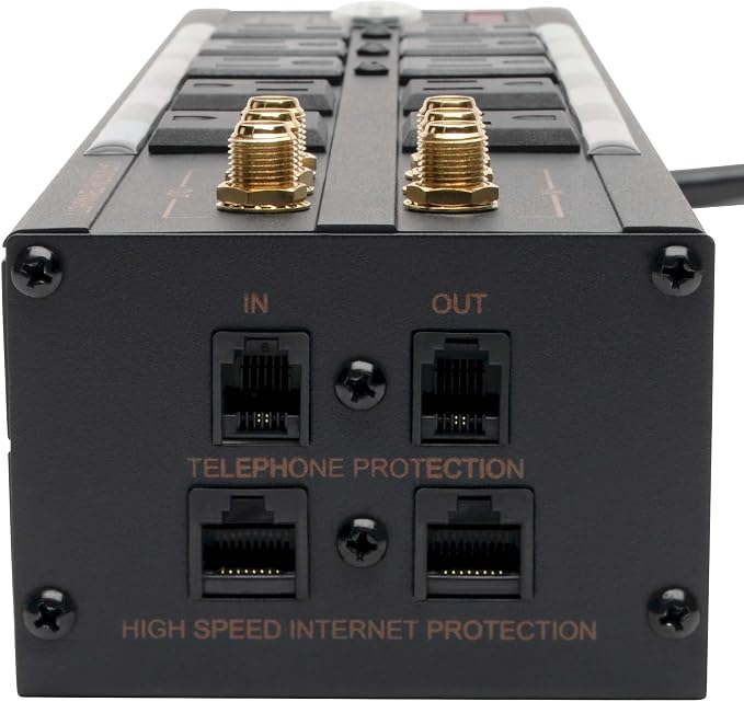 Tripp Lite Isobar 10 Outlet Audio/Video Surge Protector Tel/Modem/Coax/Network 8ft Cord Right Angle Plug, & $500,000 Insurance (HT10DBS) Black