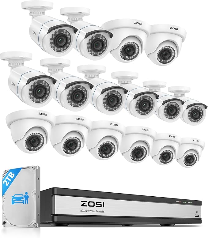ZOSI H.265+ 1080p 16 Channel Security Camera System, 16CH DVR with AI Human Vehicle Detect, 12 x 2MP Weatherproof Surveillance CCTV Bullet Dome Camera Outdoor, Night Vision, Remote Access, 2TB HDD