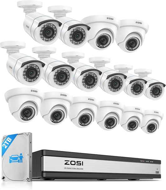 ZOSI H.265+ 1080p 16 Channel Security Camera System, 16CH DVR with AI Human Vehicle Detect, 12 x 2MP Weatherproof Surveillance CCTV Bullet Dome Camera Outdoor, Night Vision, Remote Access, 2TB HDD