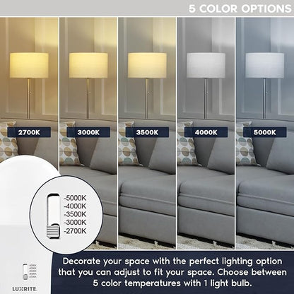 LUXRITE A19 GU24 LED Bulb, 60 Watt Equivalent, CRI90, 5CCT 2700K 3000K 3500K 4000K 5000K, Dimmable, 800 Lumens, 2 Prong Twist Lock Light Bulbs, 9W, GU24 Base, Damp Rated, ETL Listed (4 Pack)