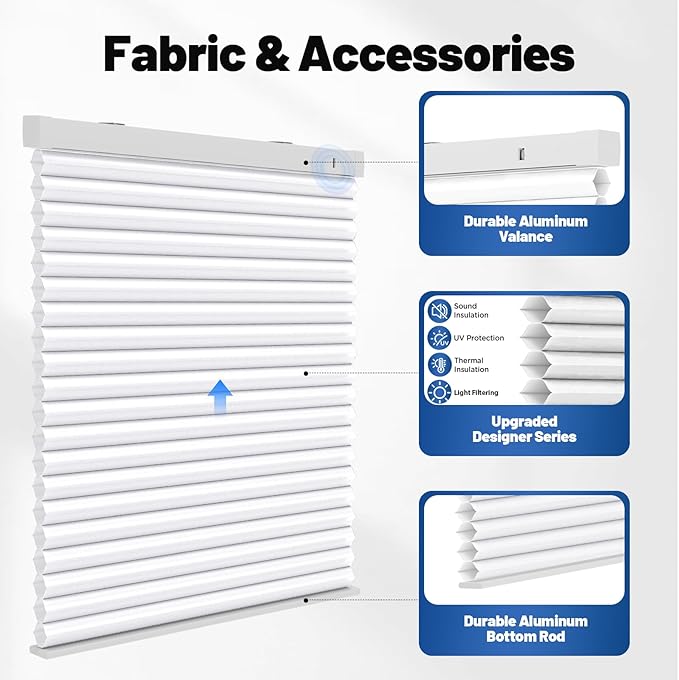 Motorized Cellular Shades with Remote, Light Filtering Smart Cellular Shades Compatible with Alexa, Honeycomb Window Blinds for Bedroom Home Office, Custom Size, Half Shading Crystal White