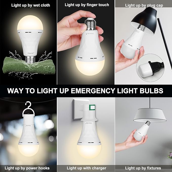 Ostwiki 2 Pack Rechargeable Light Bulb,Emergency Light Bulbs for Power Outage Hurricane Camping 9W E27 3000K Warm 1200mAh Battery Backup Soft Light Bulbs for Lamps,Battery Bulb