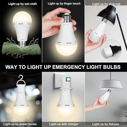 Ostwiki 2 Pack Rechargeable Light Bulb,Emergency Light Bulbs for Power Outage Hurricane Camping 9W E27 3000K Warm 1200mAh Battery Backup Soft Light Bulbs for Lamps,Battery Bulb