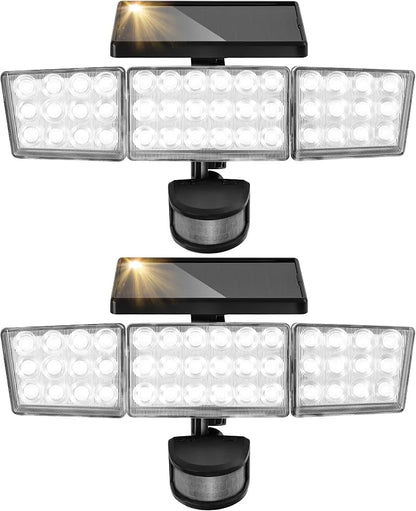 Solar Lights Outdoor, 3500LM 168 LED Motion Sensor Solar Flood Lights, 3 Heads 300° Wide Angle, 3 Modes IP65 Waterproof Solar Security Lights for Yard Garden Patio, 2 Pack (Black)