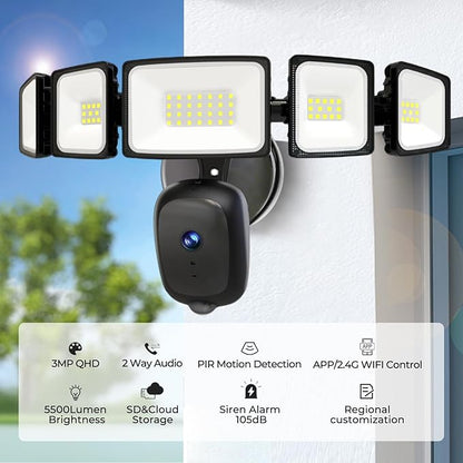 iMaihom Floodlight Camera Outdoor Wired, 2K QHD Security Cam with Motion-Activated, 5500LM Brightness 5 Heads Lamp, Color Night Vision, 2-Way Audio, Cloud/SD Storage