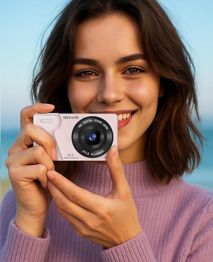 4K Digital Camera for Photography- 64MP Autofocus Vlogging Camera with Dual Lens, 18X Digital Zoom- Small Point and Shoot Camera with Card and 2000mAh for YouTube, Travel, Beginners (Pink)