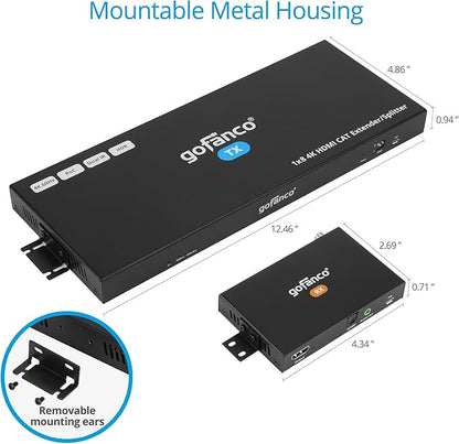 gofanco 4K60Hz 1x8 HDMI Extender Splitter Over CAT6/7 Ethernet Cable – Up to 197ft at 4K 60Hz/295ft at 1080p, HDR, HDCP 2.2, Dual IR, PoC, EDID, Loopout, 5.1-ch Audio, Audio Extraction (HD20Ext-8Pv2)