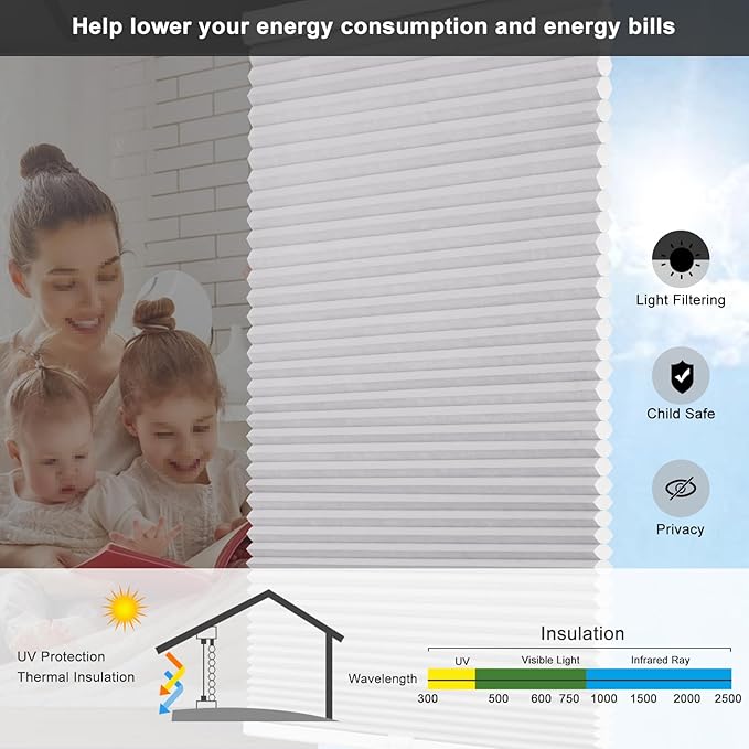 Changshade Cellular Shades Window Blinds Light Filtering Cordless Custom Size, Honeycomb Door Window Blinds 1.5 inch Cell Pleated Easy to Install for Home, Office, Bedroom, Bathroom, Nursey, Grey