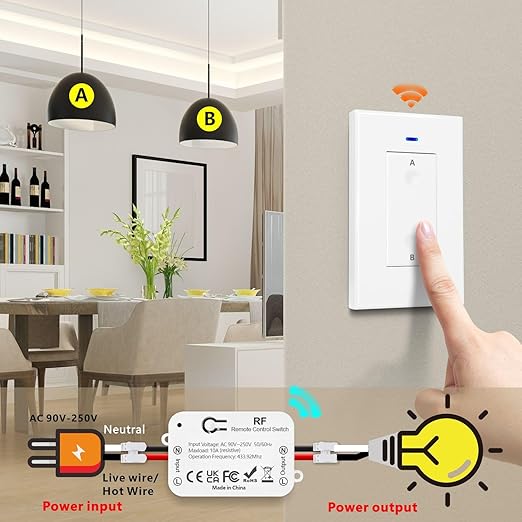 DieseRC AC 110V 120V 220V 240V Wireless Remote Control Light Switch 1500W 1 Channel 433Mhz RF Relay Receiver with 2 Transmitters Keyfob for Lamp Bulb, Easy to Install