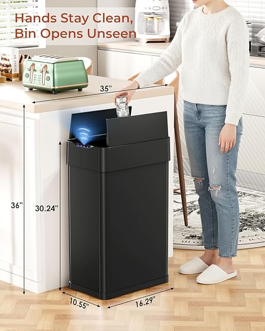 TLSUNNY 18.5 Gallon Automatic Trash Can, Stainless Steel Motion Sensor Garbage bin, Smart Trash Can W/Butterfly Lid, Bag Retainer Ring and Display Light for Living Room,Kitchen,Office (Black, 70L)