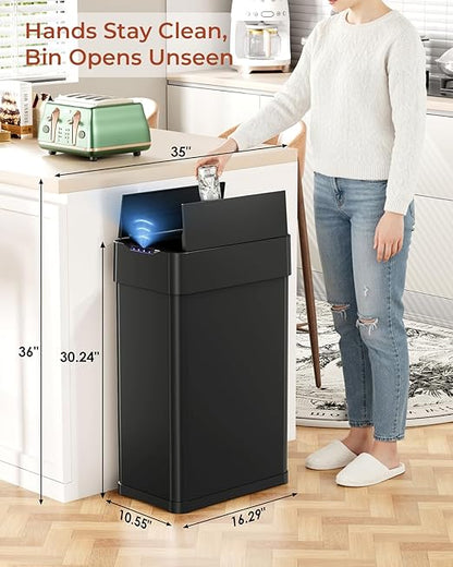 TLSUNNY 18.5 Gallon Automatic Trash Can, Stainless Steel Motion Sensor Garbage bin, Smart Trash Can W/Butterfly Lid, Bag Retainer Ring and Display Light for Living Room,Kitchen,Office (Black, 70L)