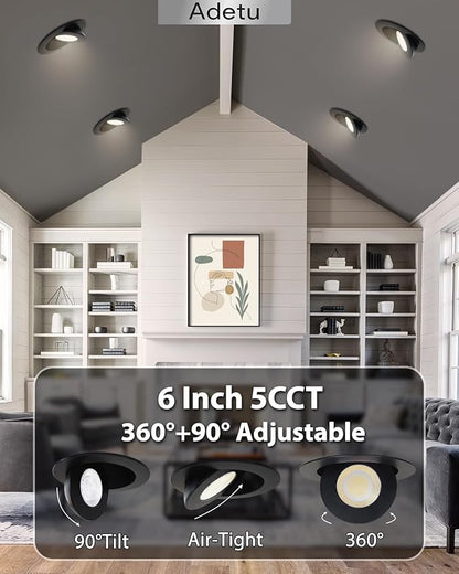 Adetu 5CCT Gimbal Black Led Recessed Lighting 6 inch, 360°+90° Adjustable Directional 6 inch Led Recessed Light, 2700K-5000K Dimmable Eyeball Canless Downlight with Jbox, ET (Black, 6 Pack)