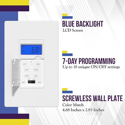 ENERLITES 7 Days Digital in-Wall Programmable Timer Switch for Lights, Fans, and Motors, Neutral Wire Required,7-Day 18 ON/Off Timer Settings, with Blue Backlight, UL Listed, HET01, White, 2 Pack | UL Listed, Digital In-Wall Switch Timer with 18 ON/OFF...