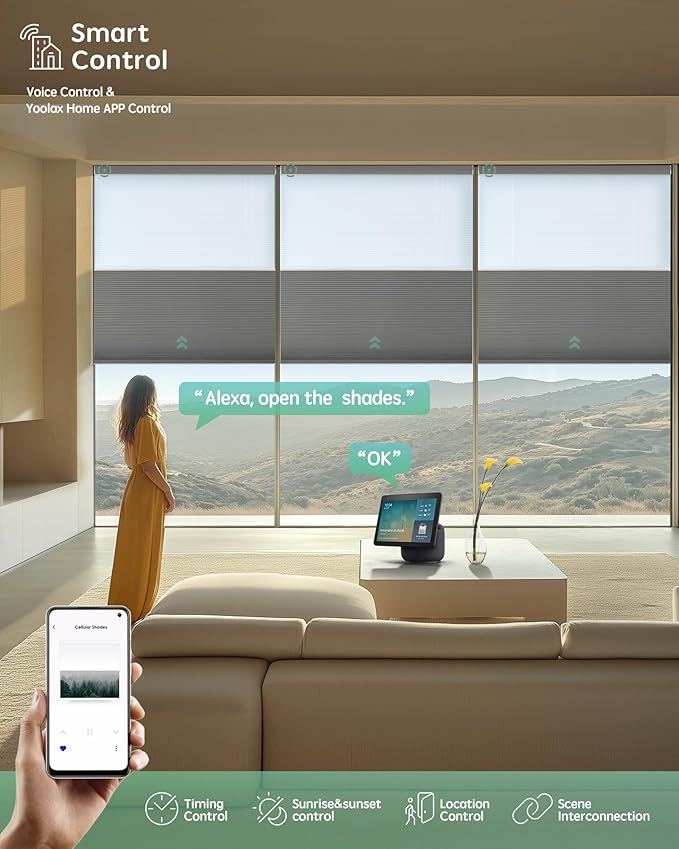 Yoolax Smart Motorized Day and Night Cellular Shades with Remote, Top Down Bottom Up Blinds Compatible with Alexa, Blackout and Light Filtering Honeycomb Blinds (Dark Grey)