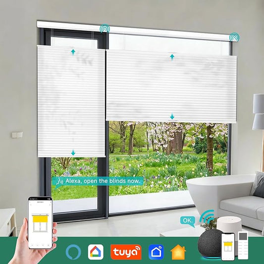 Motorized Top Down Bottom Up Cellular Shades with Remote, Custom Cordless Smart Honeycomb Blinds, Automatic Electric Light Filtering Window Blinds Work with Alexa Google for Home Office, White