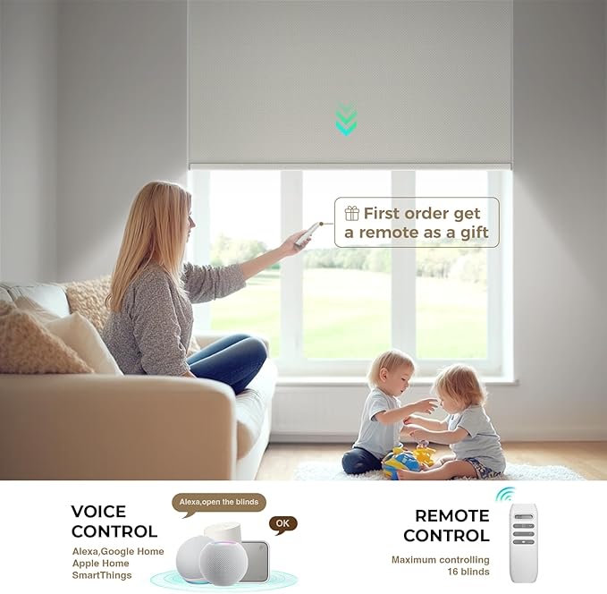 HeyBlinds Motorized Blinds with Remote, 100% Blackout Smart Blinds, Automatic Shades for Windows Compatible with Alexa Google and Homekit, Custom Size(Manner-Chalk White BO)
