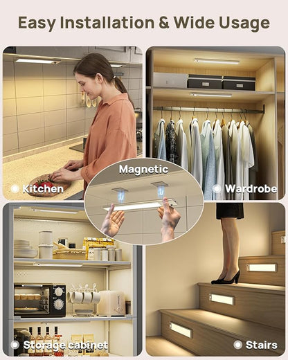 12inch Under Cabinet Lighting with Remote, 2500mAh Rechargeable Motion Sensor Light Indoor, LED Closet Lights with Timer, Dimmable, Magnetic, 3 Color Temps Wireless for Kitchen, Pantry, Stair, 8 Pack