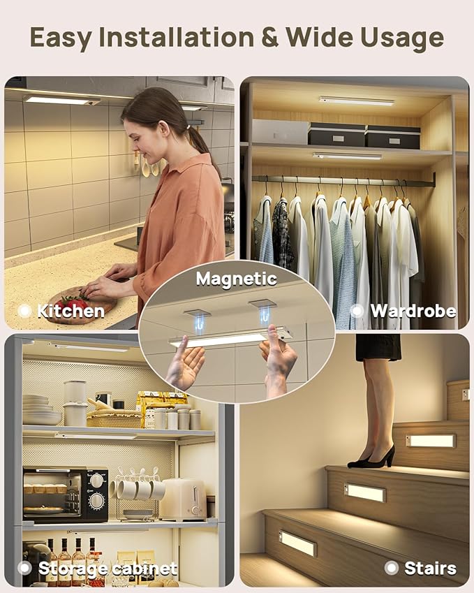 12inch Under Cabinet Lighting with Remote, 2500mAh Rechargeable Motion Sensor Light Indoor, LED Closet Lights with Timer, Dimmable, Magnetic, 3 Color Temps Wireless for Kitchen, Pantry, Stair, 6 Pack
