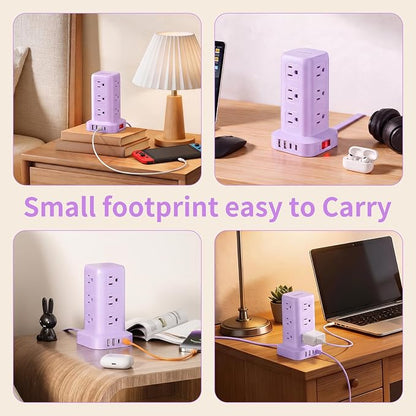 Extension Cord with Multiple Outlets, SMALLRT Power Strip Tower, Outlet Extender with 12 AC Outlets 4 USB, 6.5FT Extension Cord for Home Dorm Room, Office Supplies, Purple