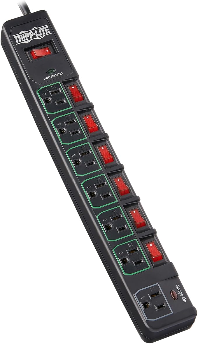 Tripp Lite 7 Outlet (6 Individually Controlled) Surge Protector Power Strip, 6ft Cord, Black, Lifetime Limited Warranty & 25K Insurance (TLP76MSGB)
