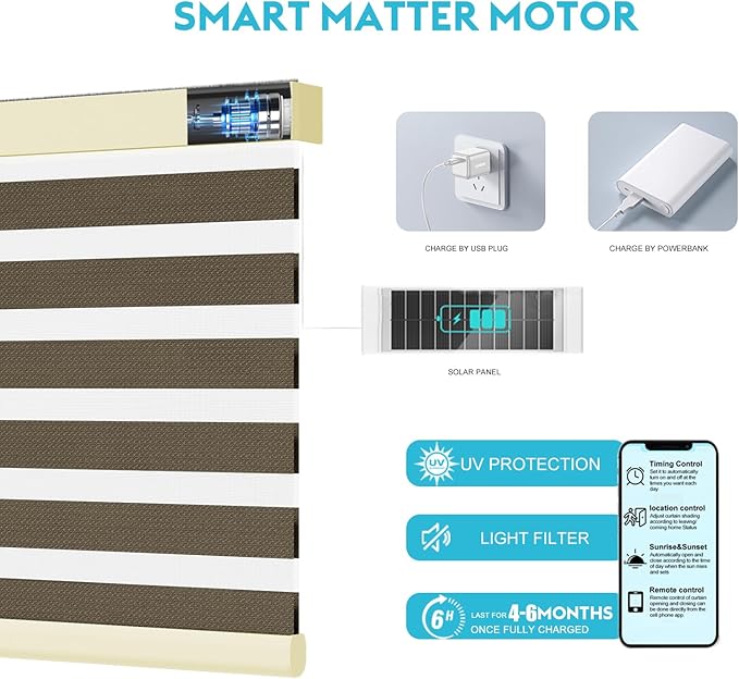 Motorized Zebra Blinds with Remote, Work with HomeKit Alexa, Smart Light Filtering Horizontal Automatic Electric Window Shades for Home Office Customsize(50% Blackout Drumbeat Brown)