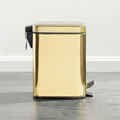 mDesign Slim Metal Rectangle 0.8 Gallon Trash Can with Step Pedal, Easy-Close Lid, Removable Liner - Narrow Wastebasket Garbage Container Bin for Bathroom, Bedroom, Kitchen, Office - Soft Brass