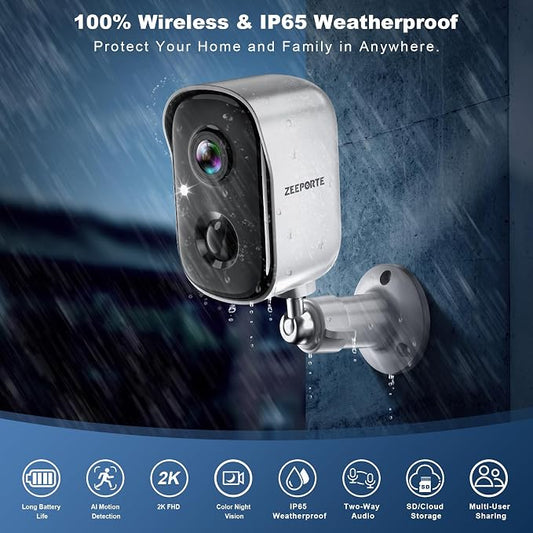Security Cameras Wireless Outdoor, 2K Battery Powered WiFi Cameras for Home Security with AI Motion Detection, Color Night Vision, Spotlight, Siren, Waterproof, SD/Cloud Storage - 2 Pack