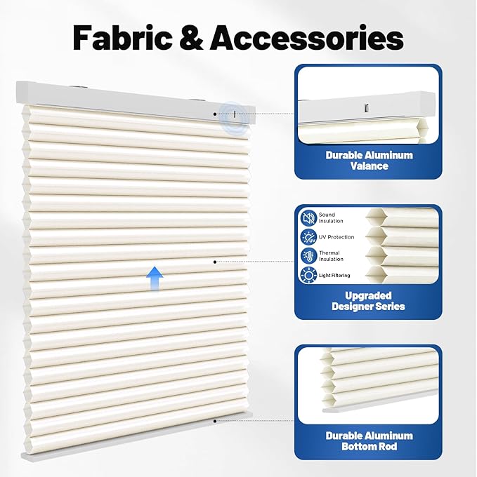 Motorized Cellular Shades with Remote, Light Filtering Smart Cellular Shades Compatible with Alexa, Honeycomb Window Blinds for Bedroom Home Office, Custom Size, Half Shading Soft Pearl