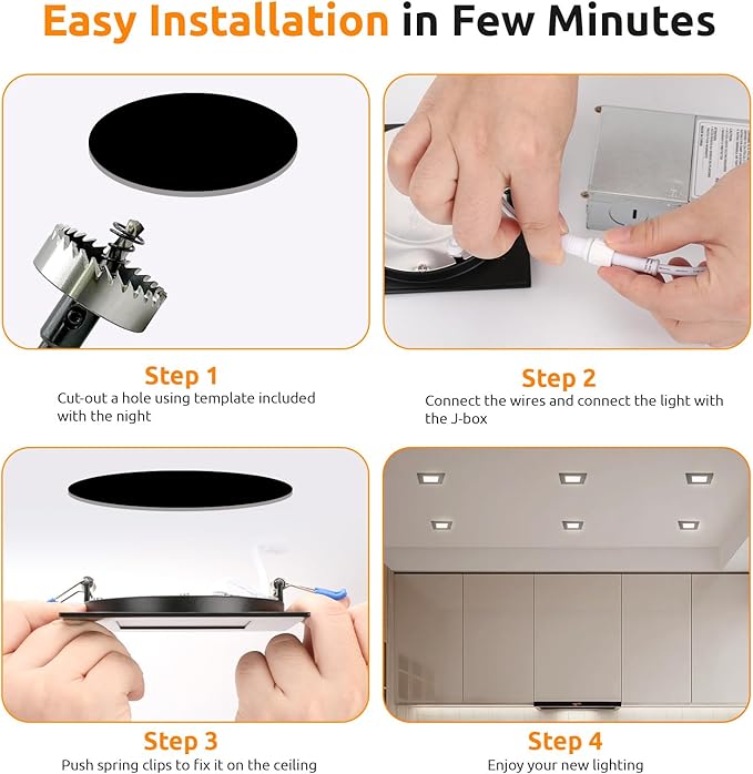 HONZIN 1 Pack 6 Inch Square LED Recessed Lighting, 5CCT Ultra-Thin LED Ceiling Lights, 2700K/3000K/3500K/4000K/5000K Selectable, 13W, IC Rated, Dimmable Black Square Trim with Junction Box