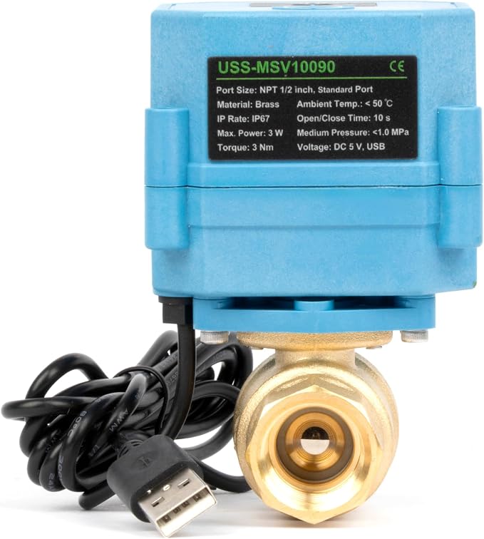 Motorized Ball Valve 1/2 in NPT U.S. Solid WiFi Smart 2-Way Brass Electric Valve USB Powered LED Indicator Remote On/Off for Water and Irrigation