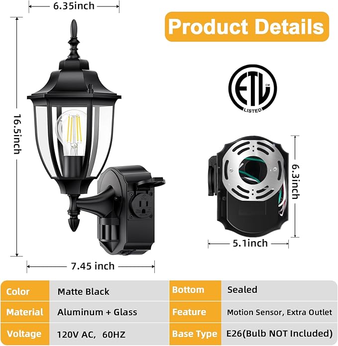 Porch Lights with Outlet, Motion Sensor Outdoor Lights, 2 Pack