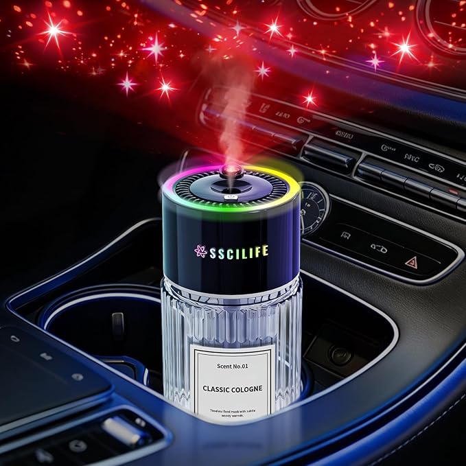 Smart Car Air Freshener with Auto Sensor, Car Aroma Diffuser with RGB Music Syncing Light & Starry Sky Projection, Up to 120 Day Use, 120ML Capacity, Scent: No.01-Classic Cologne