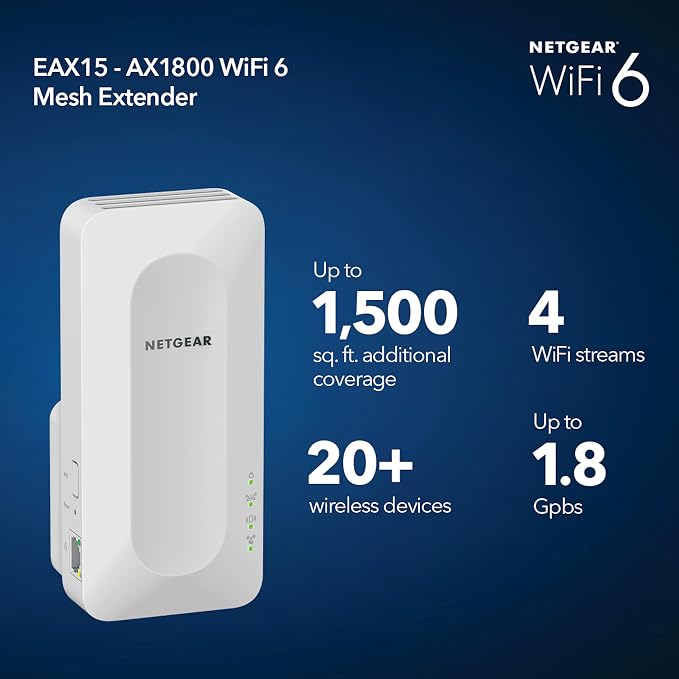 NETGEAR WiFi 6 Mesh Range Extender (EAX15) - Add up to 1,500 sq. ft., 20 Devices with AX1800 Dual-Band Wireless Signal Repeater (up to 1.8 Gbps Speed), WPA3 Security, One Network Name (Pack of 2)