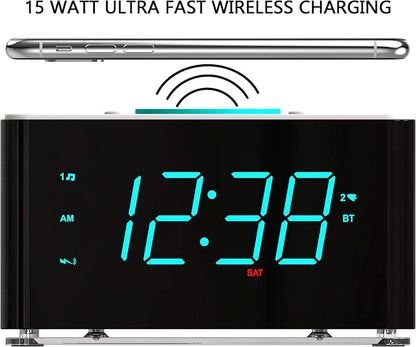 Emerson ER100401 Smartset 15Watt Ultra Fast Wireless Charging Dual Alarm Clock Radio with Bluetooth Speaker, USB Charger, Cyan LED Night Light and 1.4" Display