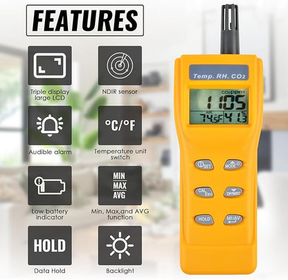 CO2 Meter Handheld CO2 Detector, 0-9999ppm Digital CO2 Monitor Temperature and Humidity Meter Carbon Dioxide Detector with NDIR Sensor Buzzer Alarm and Clibration Function for Home Grow Room
