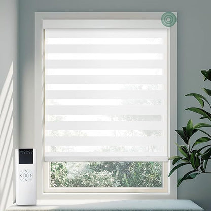 Motorized Zebra Blinds for Windows Cordless Electric Curtains with Remote Control Blackout Shades Custom Smart Blinds Compatible with Alexa Google Home(Light Filtering White,W49 X 72in)