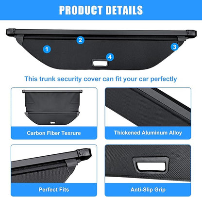 AUXKO Retractable Cargo Cover for Hyundai Ioniq 5 2026 2025-2022 with 4PCS Headrest Hooks, Trunk Cover Luggage Security Shade Cover Shielding Shade Anti-Peeping Luggage Privacy Screen, Carbon Fiber