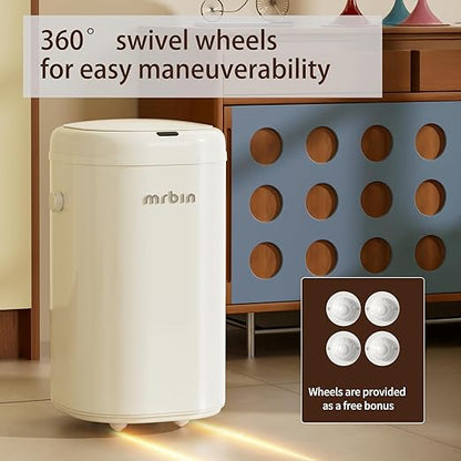 MRBIN Adsorption Metal Kitchen Motion Sensor Trash Can Removable, 18L / 4.8gal Automatic Absorbing Bag Lidded Garbage Bin with Wheels, Commercial Waste Basket for Office and Bedroom, Bathroom, White