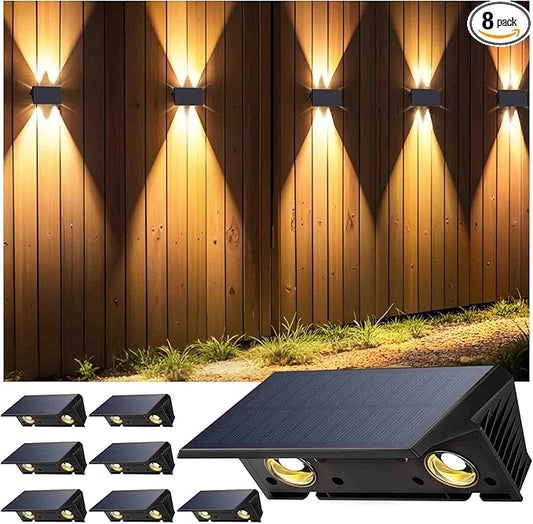 Fence Lights Solar Powered, 8-Pack Solar Fence Lights Up/Down Flexible Buttons, IP67 Waterproof for Outdoor, 100LM Bright, Auto Dusk to Dawn for Wall/Stairs/Yard/Railing/Deck/Pathway (Warm White)