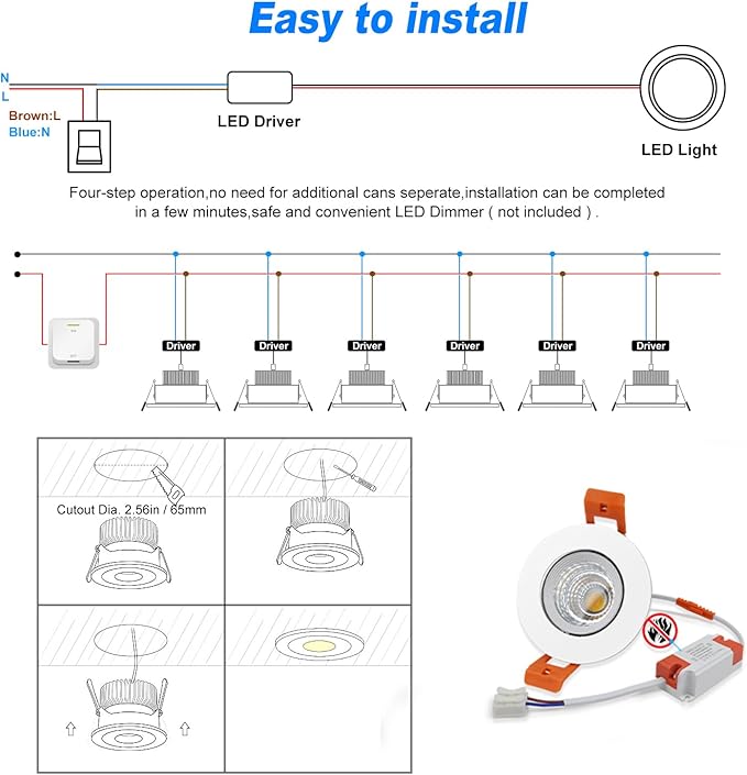 LightingWill 2inch LED Dimmable Downlight, 3W COB Recessed Ceiling Light, Daylight White 5500K-6000K, CRI80, 25W 220LM Halogen Bulbs Equivalent, White (20 Pack)